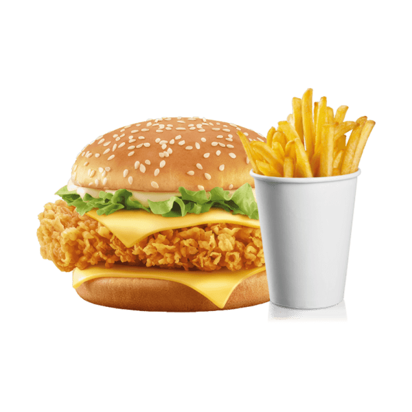 CHICKEN BURGER WITH CHEESE & CHIPS