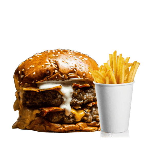 DOUBLE BEEF BURGER WITH CHEESE & CHIPS